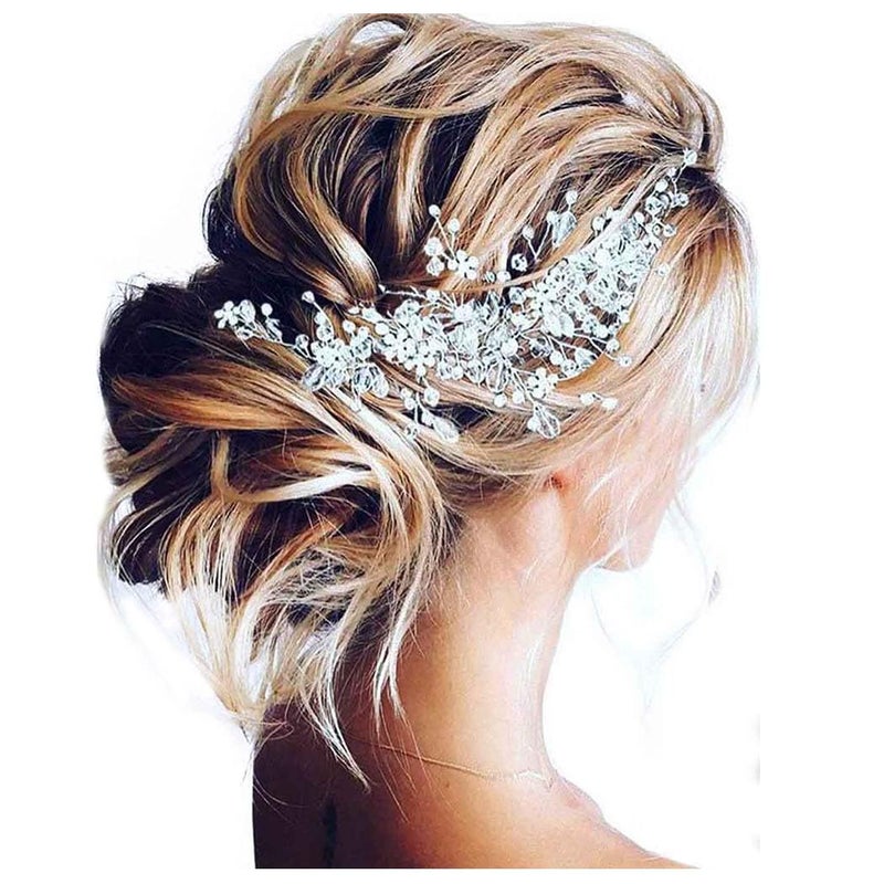 Unicra Bride Flower Wedding Hair Vine Crystal Bridal Hair Piece Rhinestone Party Hair Accessories Leaf Jewelry Bead Headpiece for Women and Girls Silver